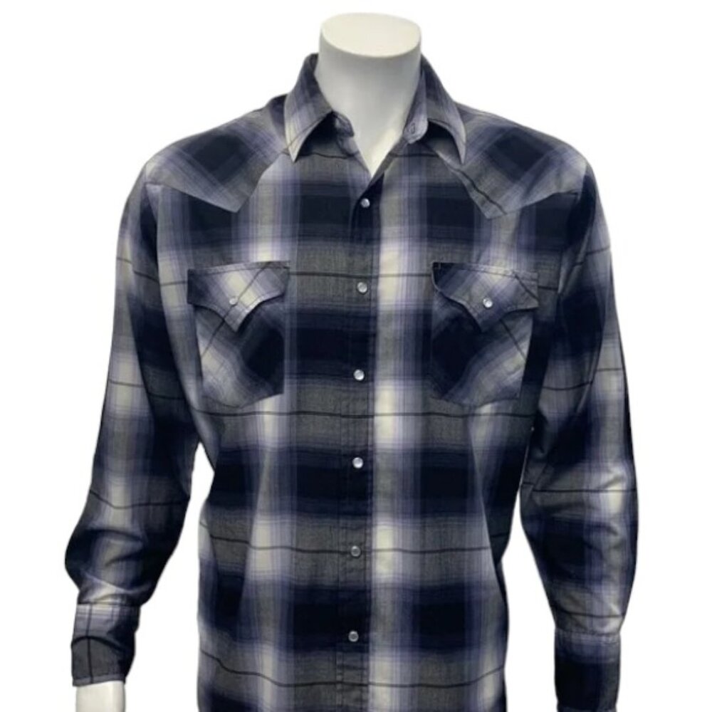 Plains Western Wear Blue Gray Plaid Black Pearl Snap Western Shirt Size Large